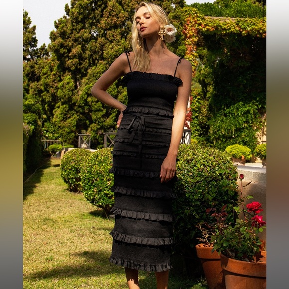 V. Chapman Dresses & Skirts - V. Chapman Lily Ruched Ruffled Stretch Tie Shoulder Midi Dress Black NWOT Size 0